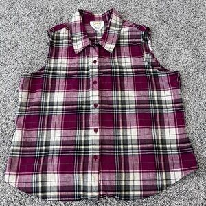 TALBOTS Women's Irish Linen Cotton Collared Sleeveless Shirt Plaid Maroon Size L